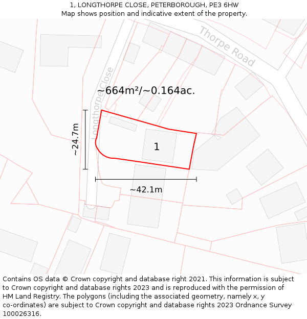 1, LONGTHORPE CLOSE, PETERBOROUGH, PE3 6HW: Plot and title map