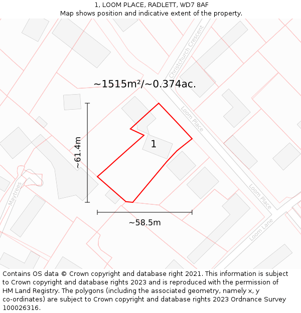 1, LOOM PLACE, RADLETT, WD7 8AF: Plot and title map