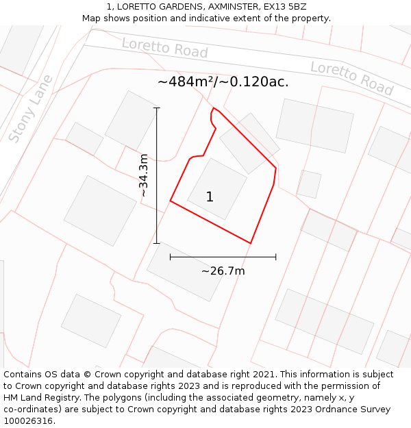 1, LORETTO GARDENS, AXMINSTER, EX13 5BZ: Plot and title map