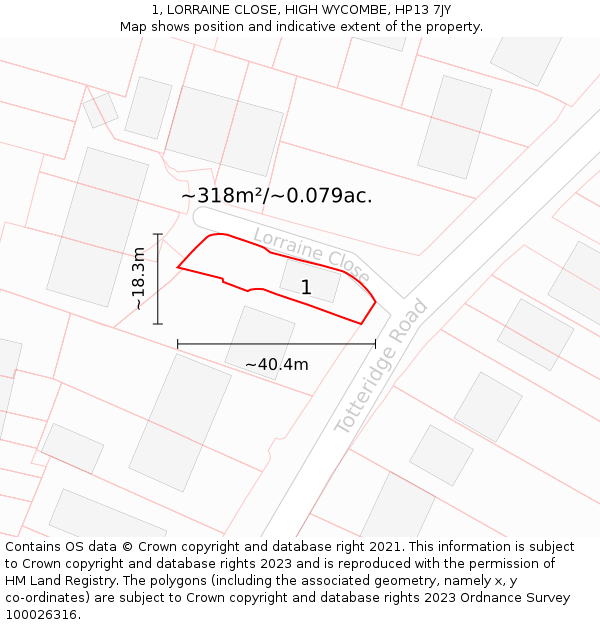 1, LORRAINE CLOSE, HIGH WYCOMBE, HP13 7JY: Plot and title map