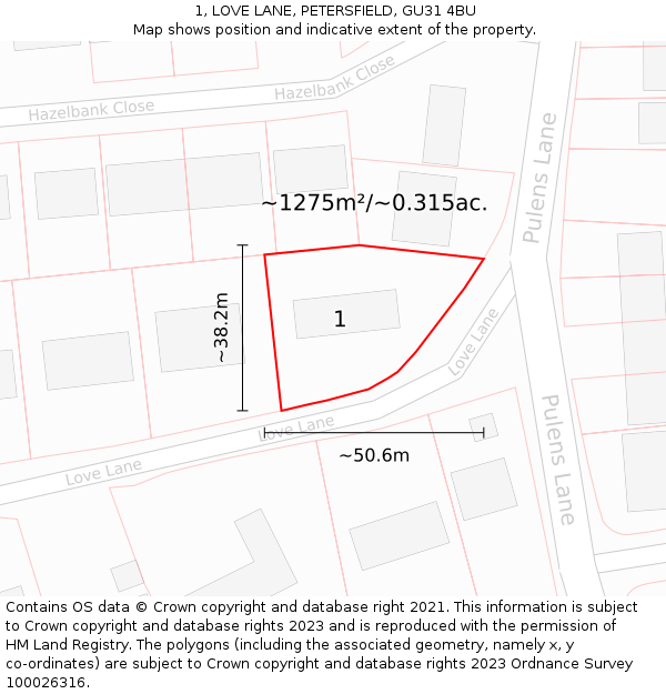 1, LOVE LANE, PETERSFIELD, GU31 4BU: Plot and title map