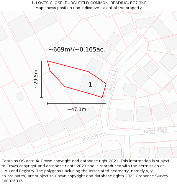 1, LOVES CLOSE, BURGHFIELD COMMON, READING, RG7 3NE: Plot and title map