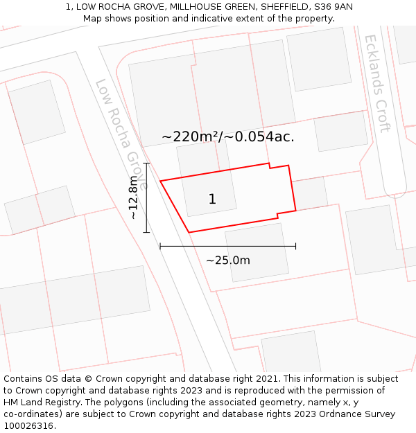 1, LOW ROCHA GROVE, MILLHOUSE GREEN, SHEFFIELD, S36 9AN: Plot and title map