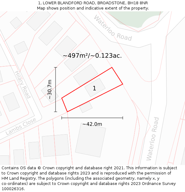 1, LOWER BLANDFORD ROAD, BROADSTONE, BH18 8NR: Plot and title map