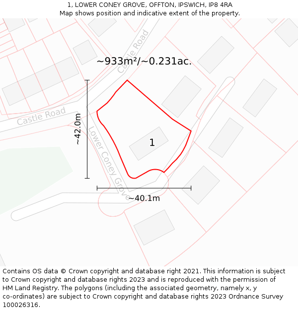 1, LOWER CONEY GROVE, OFFTON, IPSWICH, IP8 4RA: Plot and title map