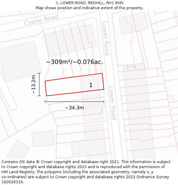 1, LOWER ROAD, REDHILL, RH1 6NN: Plot and title map