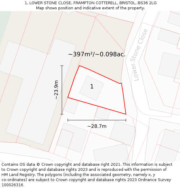 1, LOWER STONE CLOSE, FRAMPTON COTTERELL, BRISTOL, BS36 2LG: Plot and title map