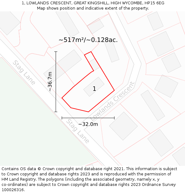 1, LOWLANDS CRESCENT, GREAT KINGSHILL, HIGH WYCOMBE, HP15 6EG: Plot and title map