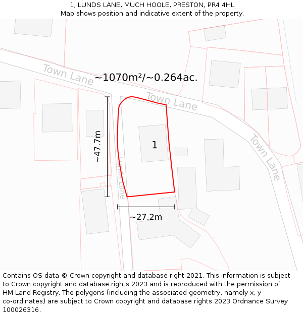 1, LUNDS LANE, MUCH HOOLE, PRESTON, PR4 4HL: Plot and title map