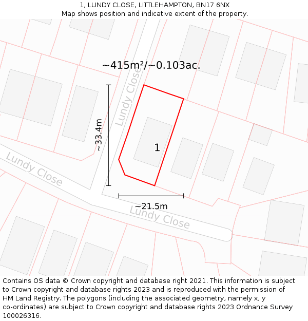 1, LUNDY CLOSE, LITTLEHAMPTON, BN17 6NX: Plot and title map