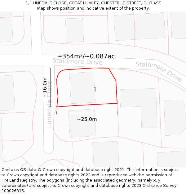 1, LUNEDALE CLOSE, GREAT LUMLEY, CHESTER LE STREET, DH3 4SS: Plot and title map