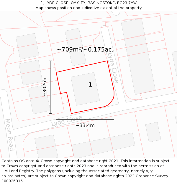 1, LYDE CLOSE, OAKLEY, BASINGSTOKE, RG23 7AW: Plot and title map