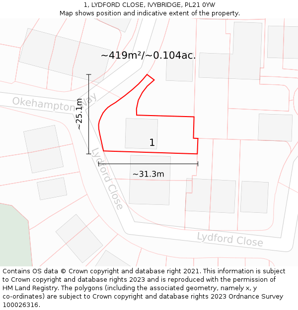1, LYDFORD CLOSE, IVYBRIDGE, PL21 0YW: Plot and title map