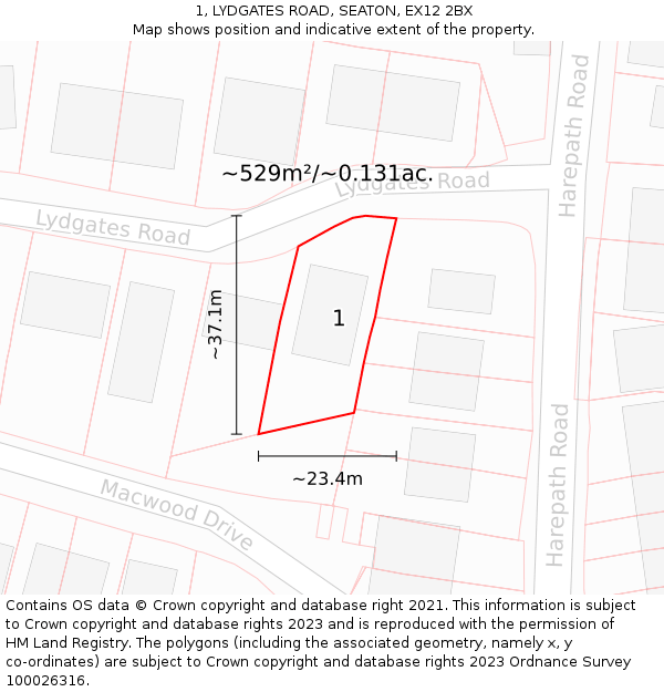 1, LYDGATES ROAD, SEATON, EX12 2BX: Plot and title map