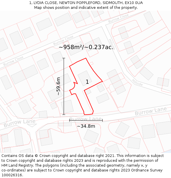 1, LYDIA CLOSE, NEWTON POPPLEFORD, SIDMOUTH, EX10 0UA: Plot and title map