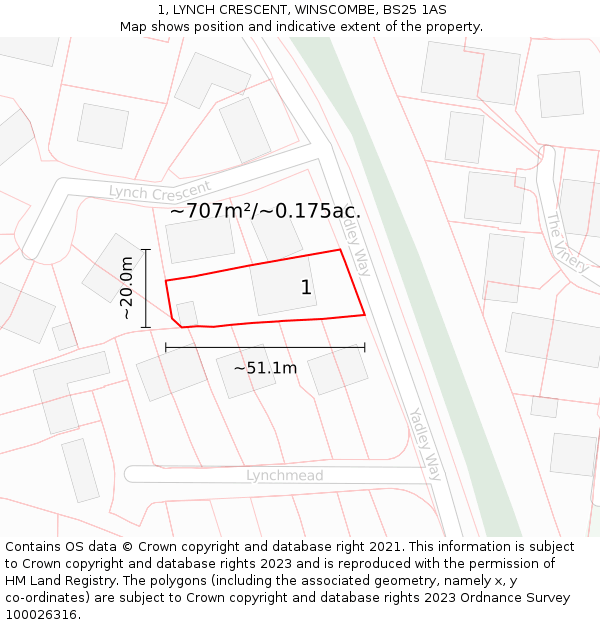 1, LYNCH CRESCENT, WINSCOMBE, BS25 1AS: Plot and title map