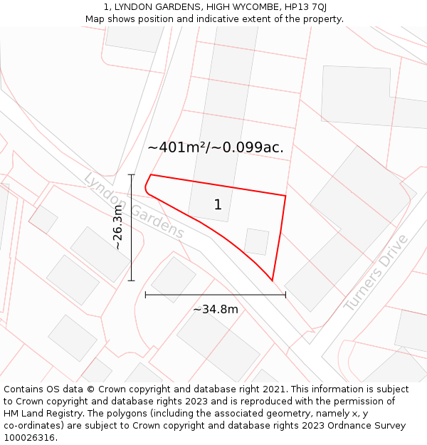 1, LYNDON GARDENS, HIGH WYCOMBE, HP13 7QJ: Plot and title map