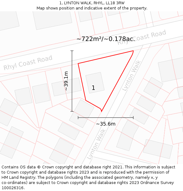 1, LYNTON WALK, RHYL, LL18 3RW: Plot and title map