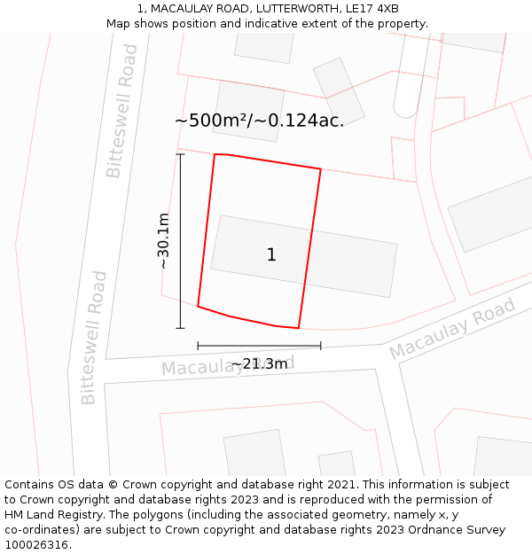 1, MACAULAY ROAD, LUTTERWORTH, LE17 4XB: Plot and title map