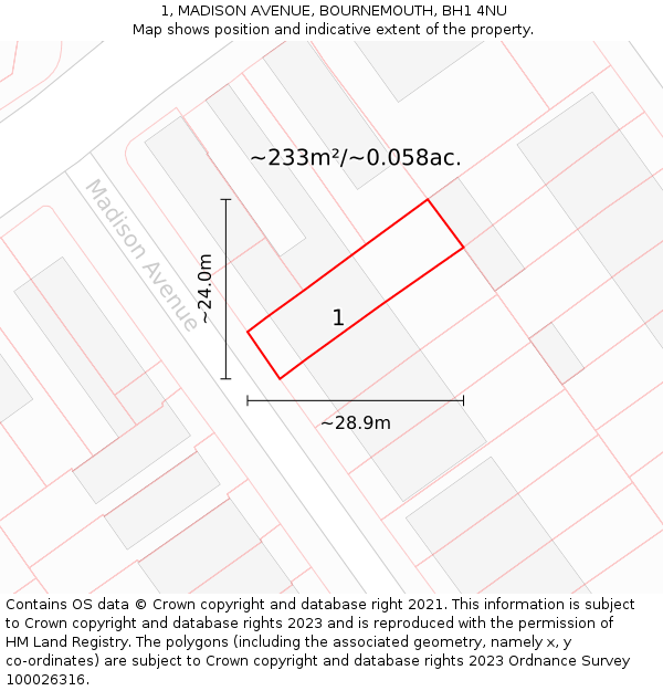 1, MADISON AVENUE, BOURNEMOUTH, BH1 4NU: Plot and title map