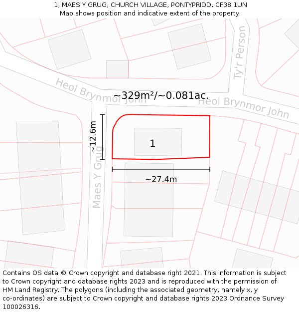 1, MAES Y GRUG, CHURCH VILLAGE, PONTYPRIDD, CF38 1UN: Plot and title map