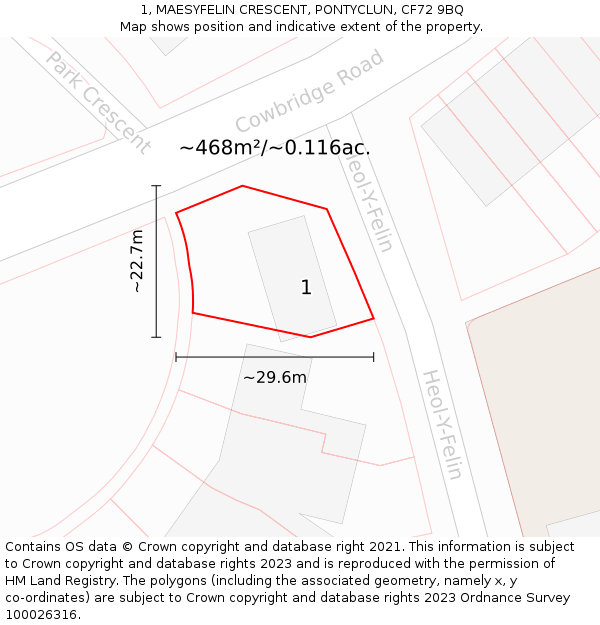 1, MAESYFELIN CRESCENT, PONTYCLUN, CF72 9BQ: Plot and title map