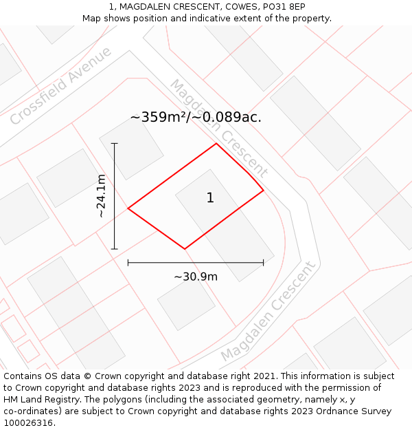 1, MAGDALEN CRESCENT, COWES, PO31 8EP: Plot and title map