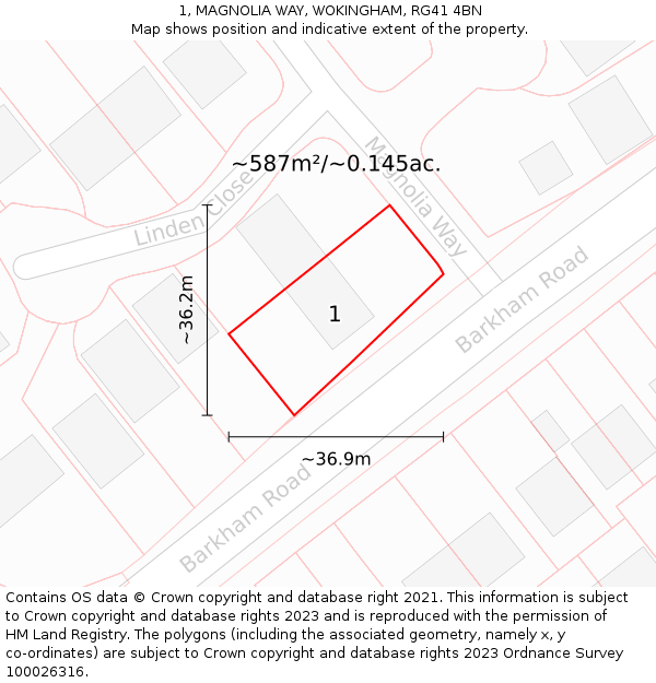 1, MAGNOLIA WAY, WOKINGHAM, RG41 4BN: Plot and title map