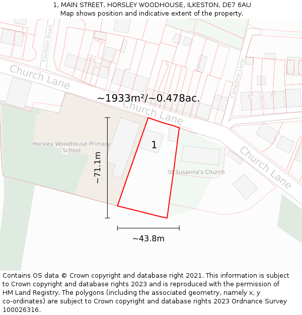 1, MAIN STREET, HORSLEY WOODHOUSE, ILKESTON, DE7 6AU: Plot and title map
