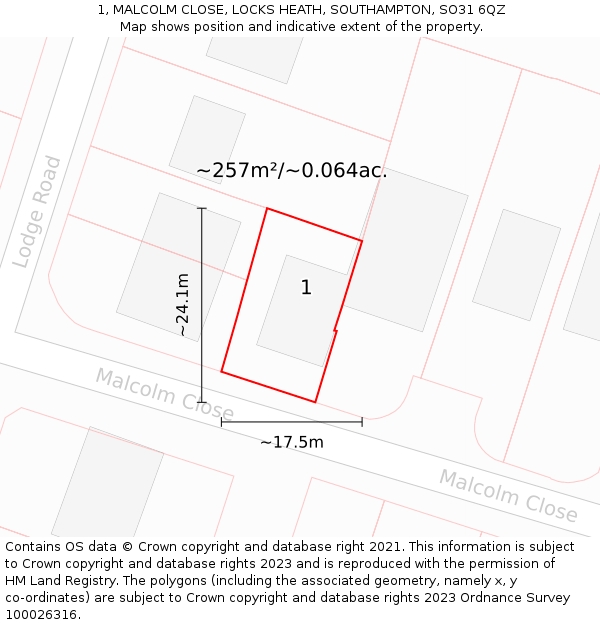 1, MALCOLM CLOSE, LOCKS HEATH, SOUTHAMPTON, SO31 6QZ: Plot and title map