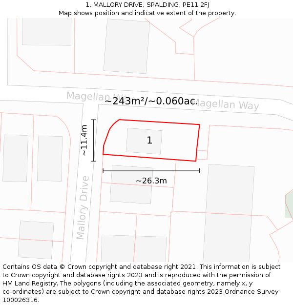 1, MALLORY DRIVE, SPALDING, PE11 2FJ: Plot and title map