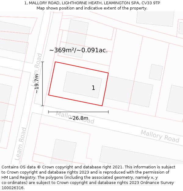 1, MALLORY ROAD, LIGHTHORNE HEATH, LEAMINGTON SPA, CV33 9TP: Plot and title map