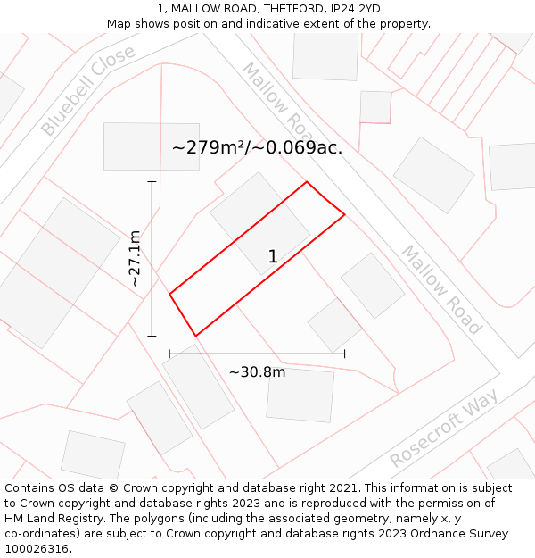 1, MALLOW ROAD, THETFORD, IP24 2YD: Plot and title map