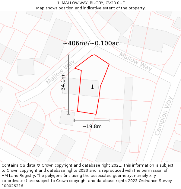 1, MALLOW WAY, RUGBY, CV23 0UE: Plot and title map