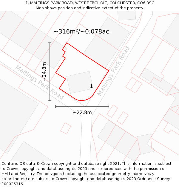 1, MALTINGS PARK ROAD, WEST BERGHOLT, COLCHESTER, CO6 3SG: Plot and title map