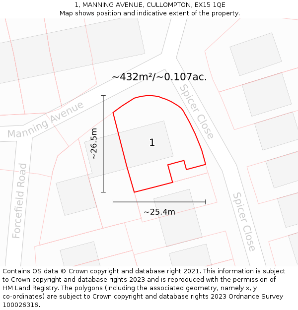 1, MANNING AVENUE, CULLOMPTON, EX15 1QE: Plot and title map