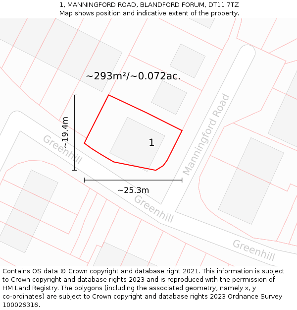 1, MANNINGFORD ROAD, BLANDFORD FORUM, DT11 7TZ: Plot and title map