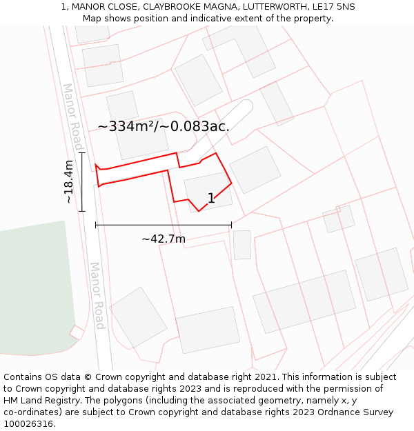 1, MANOR CLOSE, CLAYBROOKE MAGNA, LUTTERWORTH, LE17 5NS: Plot and title map