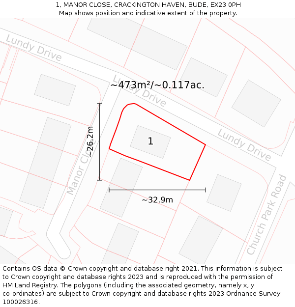 1, MANOR CLOSE, CRACKINGTON HAVEN, BUDE, EX23 0PH: Plot and title map