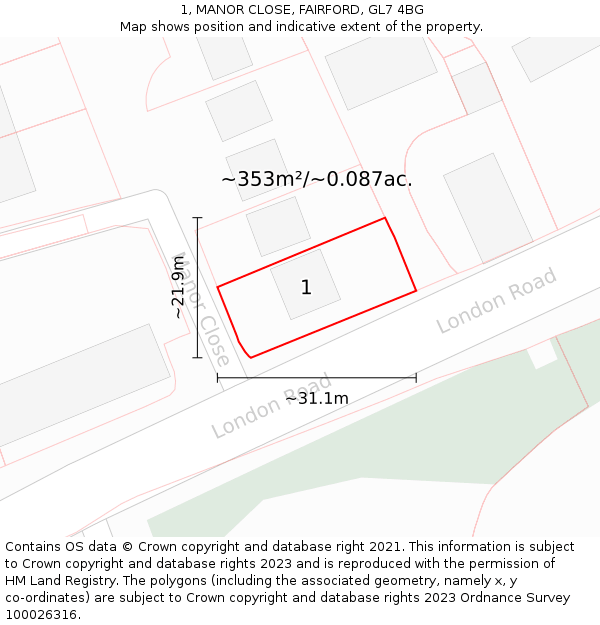 1, MANOR CLOSE, FAIRFORD, GL7 4BG: Plot and title map