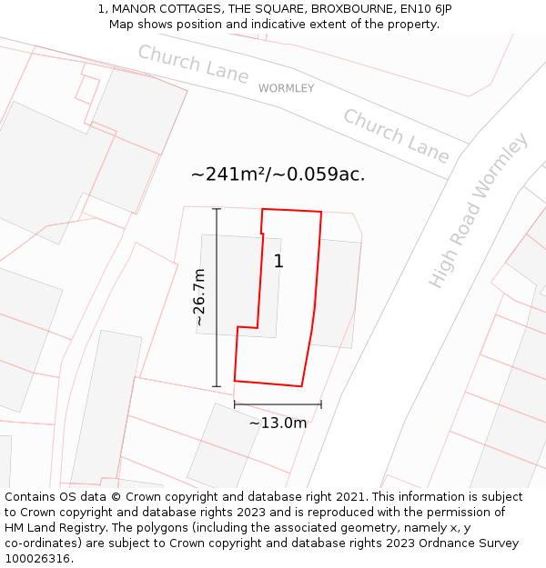 1, MANOR COTTAGES, THE SQUARE, BROXBOURNE, EN10 6JP: Plot and title map