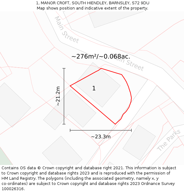 1, MANOR CROFT, SOUTH HIENDLEY, BARNSLEY, S72 9DU: Plot and title map