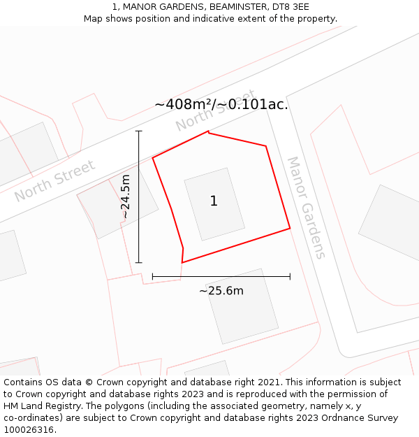 1, MANOR GARDENS, BEAMINSTER, DT8 3EE: Plot and title map