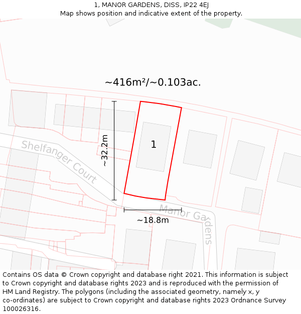 1, MANOR GARDENS, DISS, IP22 4EJ: Plot and title map