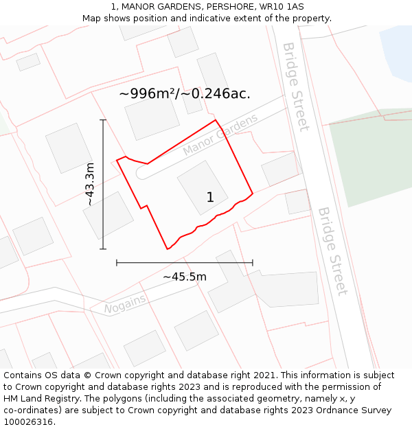 1, MANOR GARDENS, PERSHORE, WR10 1AS: Plot and title map