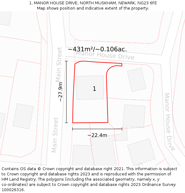 1, MANOR HOUSE DRIVE, NORTH MUSKHAM, NEWARK, NG23 6FE: Plot and title map