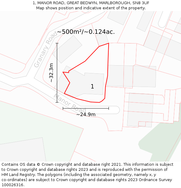 1, MANOR ROAD, GREAT BEDWYN, MARLBOROUGH, SN8 3UF: Plot and title map