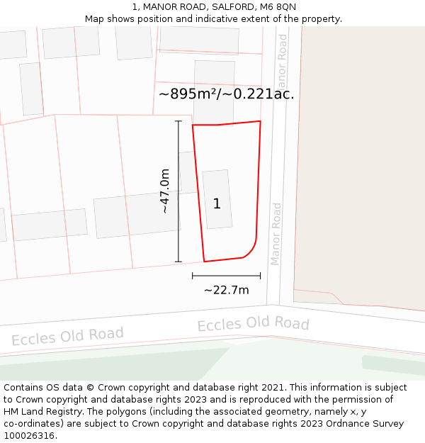 1, MANOR ROAD, SALFORD, M6 8QN: Plot and title map