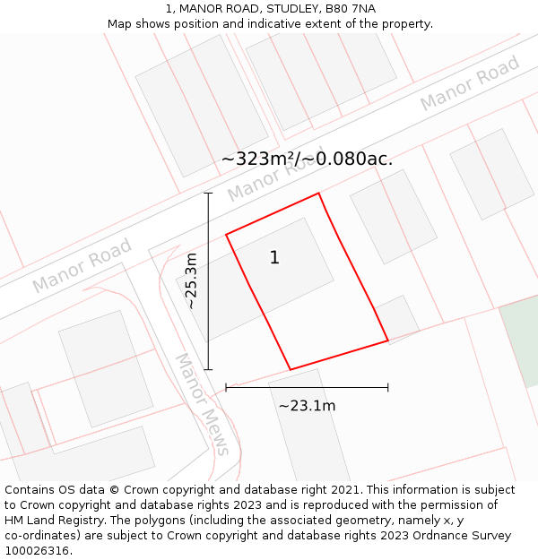 1, MANOR ROAD, STUDLEY, B80 7NA: Plot and title map