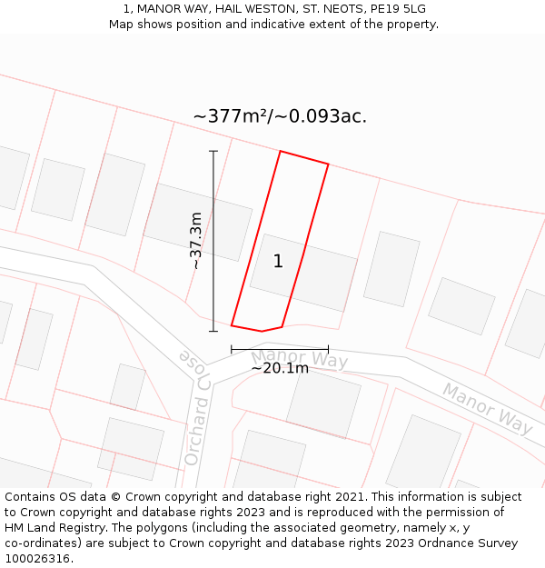 1, MANOR WAY, HAIL WESTON, ST. NEOTS, PE19 5LG: Plot and title map